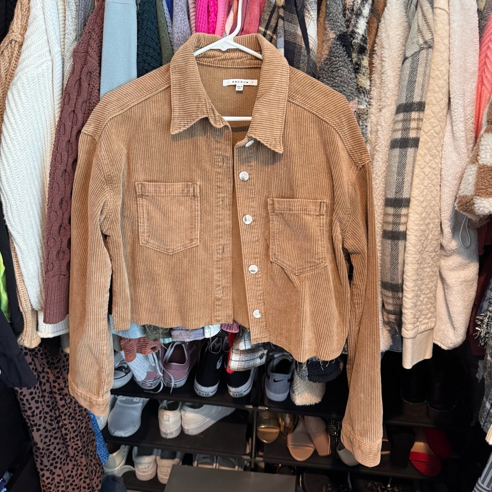 PacSun Tan Corduroy Cropped Jacket Frayed Fall Jacket